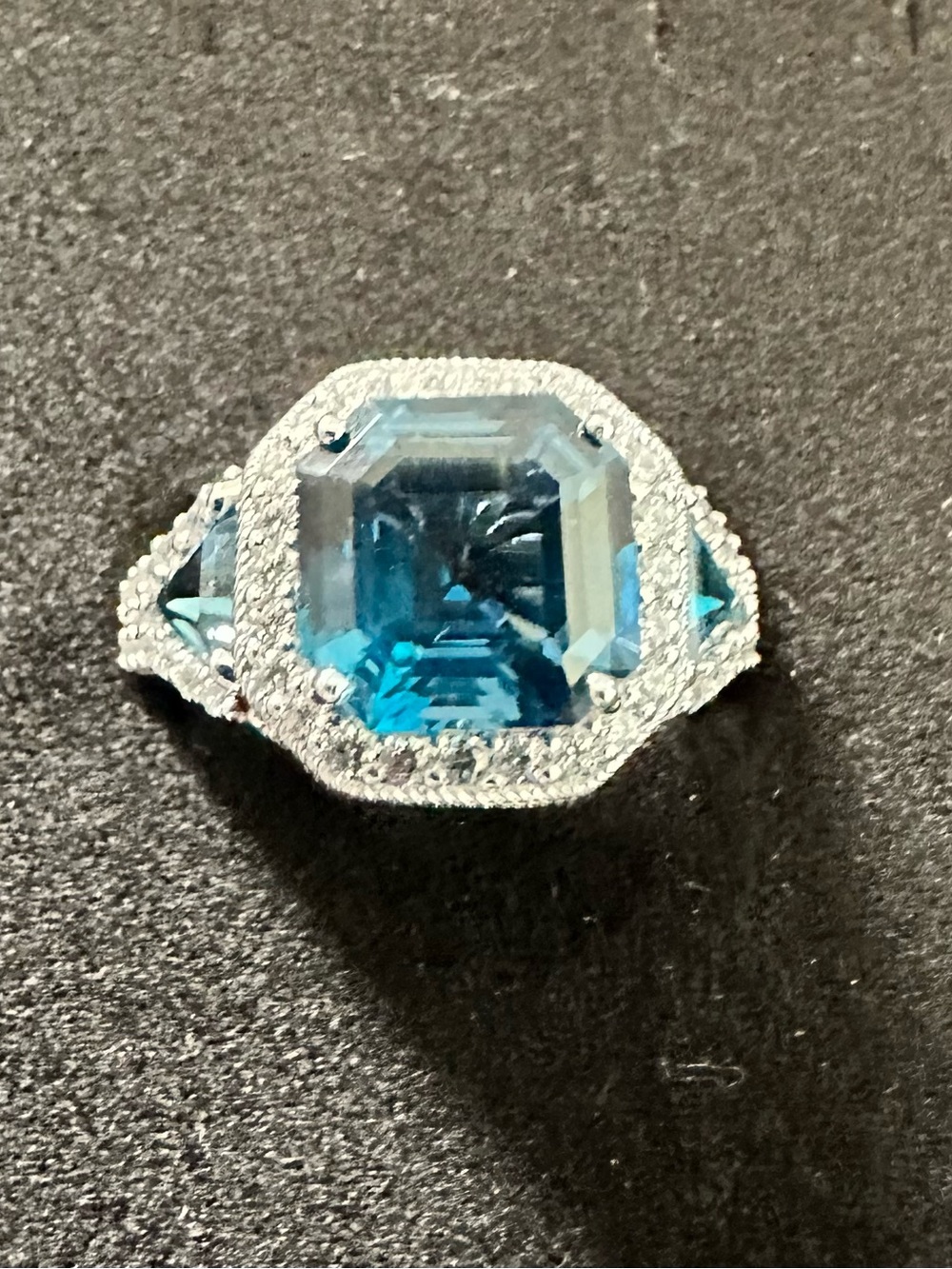 Judith Ripka 925 Sterling Silver Blue Topaz & CZ Trillion 3-Stone Halo Ring 7